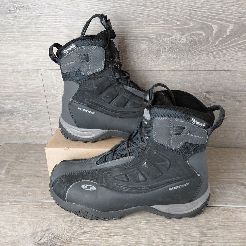 Salomon B52 Waterproof Thinsulate Winter Snow Boots Men 10 Black Gray Quick-Lace